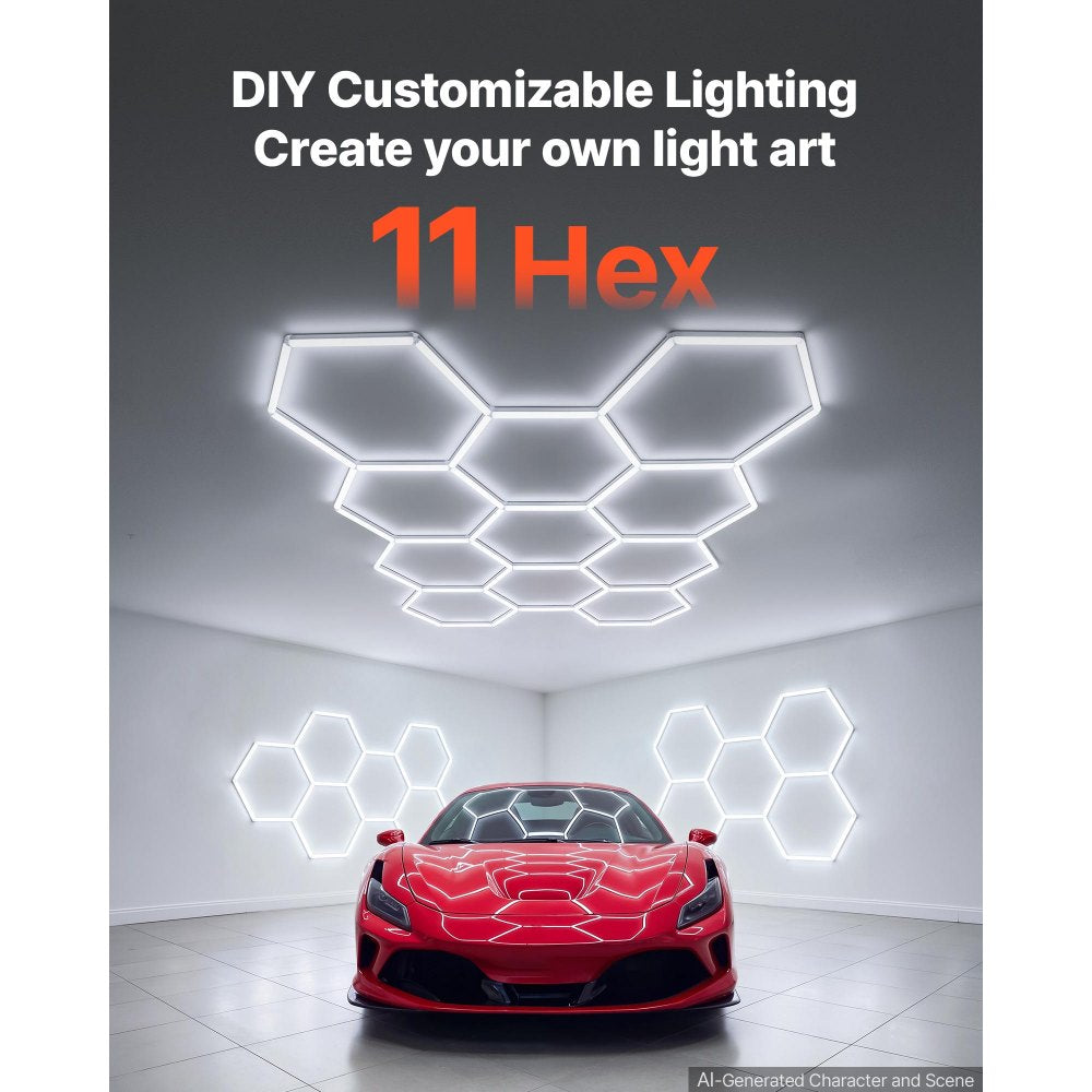 VEVOR Hexagon Garage Lights 330W 39600LM 6500K 11 Grid Systems LED Light, Bright Honeycomb Hex Car Detailing Lighting, Easy Install, Durable PC Material, for Garage, Warehouse, Workshop, Shop, Gym
