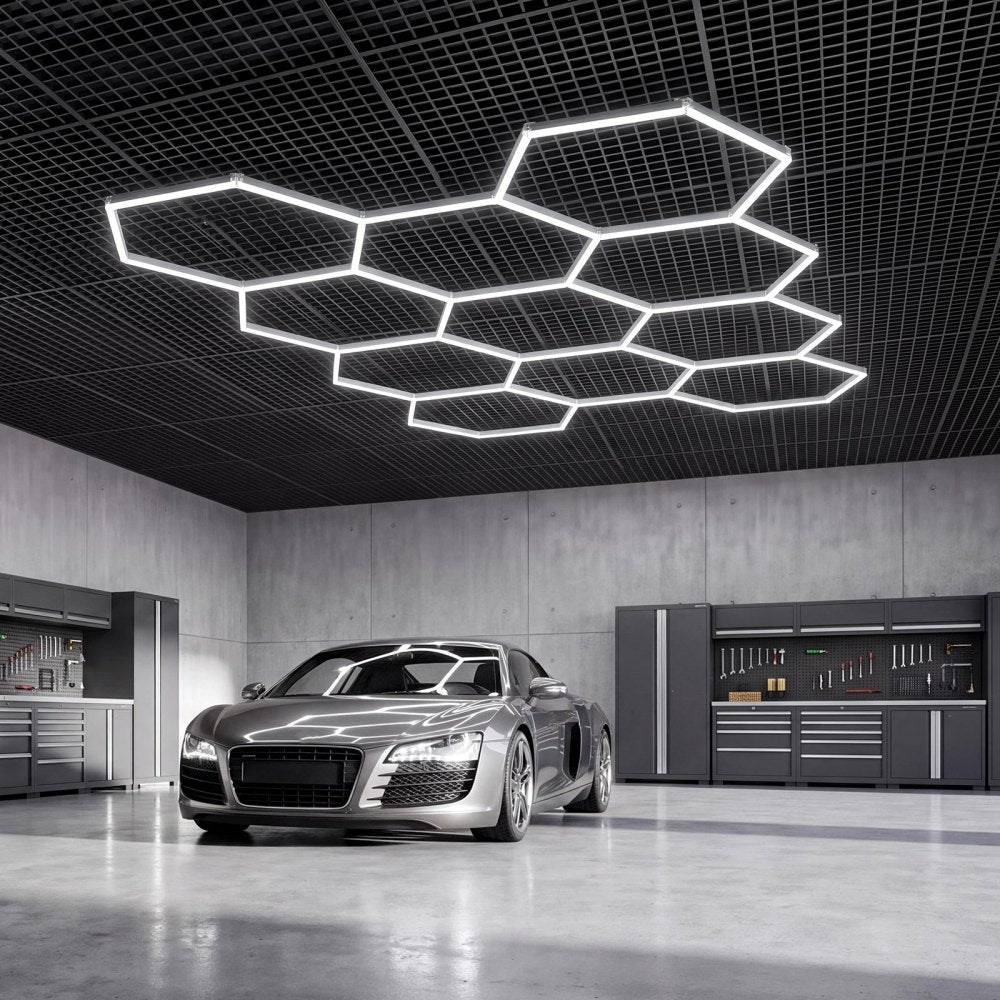 VEVOR Hexagon Garage Lights 330W 39600LM 6500K 11 Grid Systems LED Light, Bright Honeycomb Hex Car Detailing Lighting, Easy Install, Durable PC Material, for Garage, Warehouse, Workshop, Shop, Gym