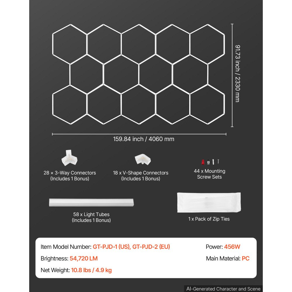 VEVOR Hexagon Garage Lights 456W 54720LM 6500K 14 Grid Systems LED Light, Bright Honeycomb Hex Car Detailing Lighting, Easy Install, Durable PC Material, for Garage, Warehouse, Workshop, Shop, Gym