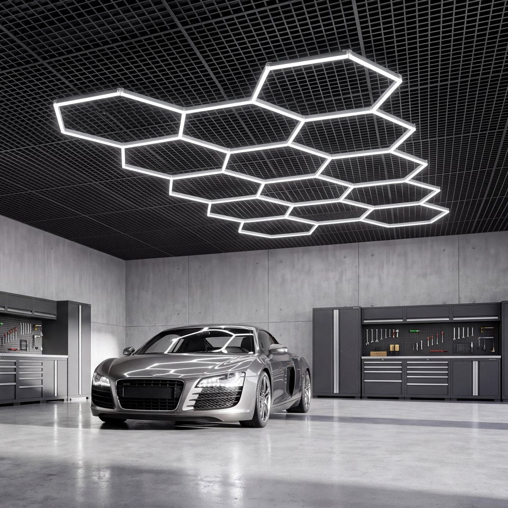 VEVOR Hexagon Garage Lights 456W 54720LM 6500K 14 Grid Systems LED Light, Bright Honeycomb Hex Car Detailing Lighting, Easy Install, Durable PC Material, for Garage, Warehouse, Workshop, Shop, Gym