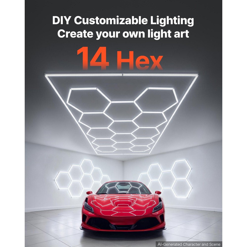 VEVOR Hexagon Garage Lights 720W 86400LM 6500K 14 Grid Systems LED Light, Bright Honeycomb Hex Car Detailing Lighting, with Rectangle Frame, Easy Install, for Garage, Warehouse, Workshop, Shop, Gym