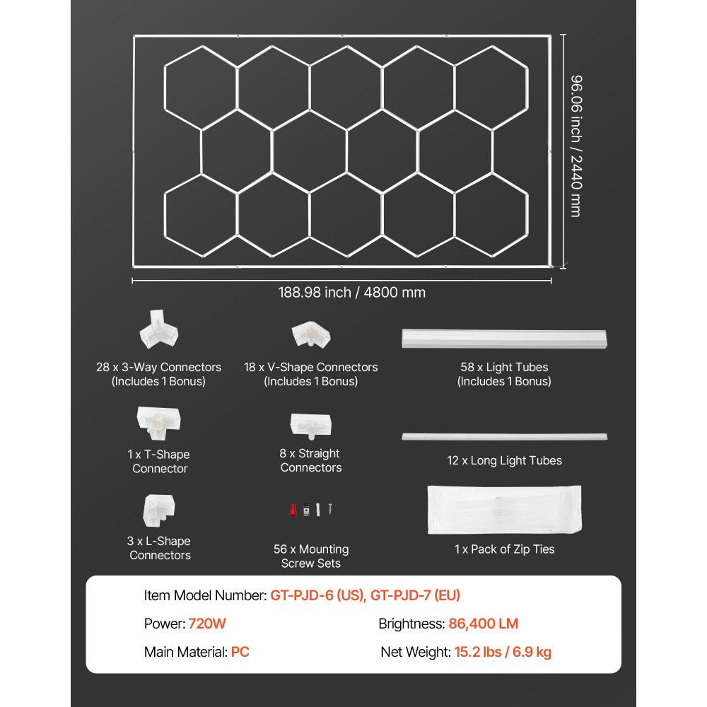 VEVOR Hexagon Garage Lights 720W 86400LM 6500K 14 Grid Systems LED Light, Bright Honeycomb Hex Car Detailing Lighting, with Rectangle Frame, Easy Install, for Garage, Warehouse, Workshop, Shop, Gym