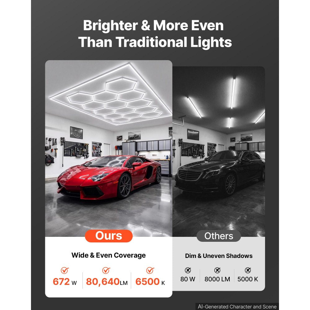 VEVOR Hexagon Garage Lights 672W 80640LM 6500K 14 Grid Systems LED Light, Bright Honeycomb Hex Car Detailing Lighting, with Rectangle Frame, Easy Install, for Garage, Warehouse, Workshop, Shop, Gym