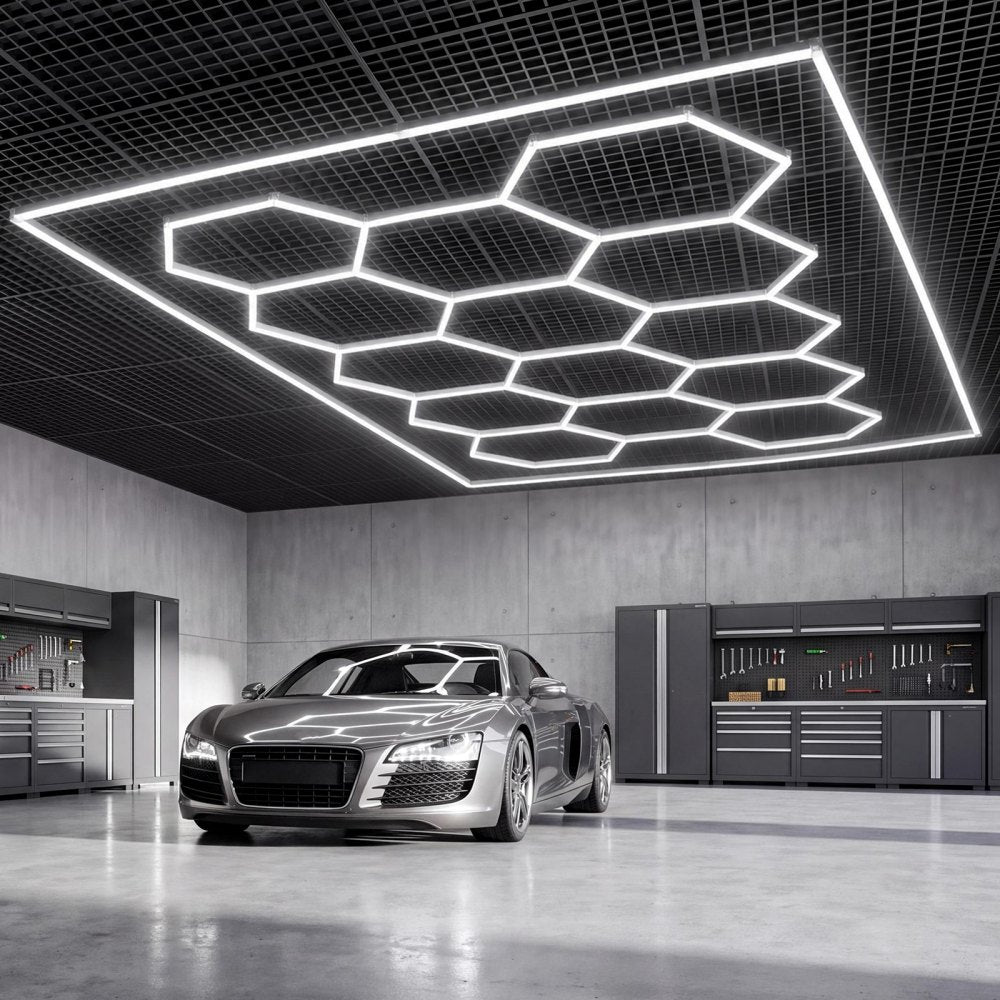 VEVOR Hexagon Garage Lights 672W 80640LM 6500K 14 Grid Systems LED Light, Bright Honeycomb Hex Car Detailing Lighting, with Rectangle Frame, Easy Install, for Garage, Warehouse, Workshop, Shop, Gym