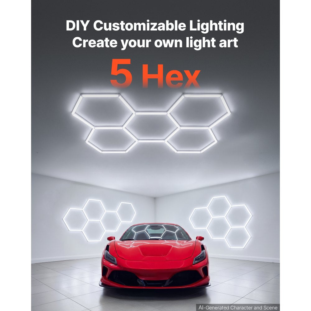 VEVOR Hexagon Garage Lights 240W 28800LM 6500K 5 Grid Systems LED Light, Bright Honeycomb Hex Car Detailing Lighting, Easy Install, Durable PC Material, for Garage, Warehouse, Workshop, Shop, Gym