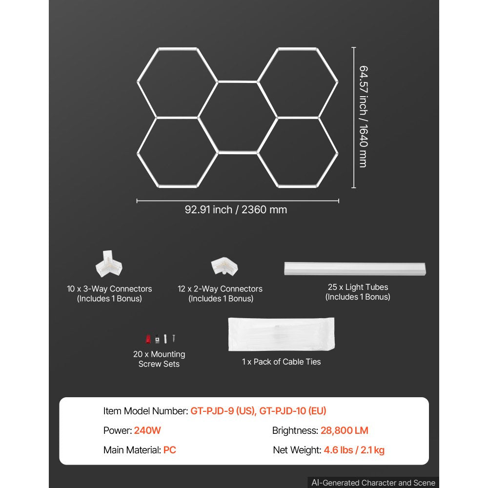 VEVOR Hexagon Garage Lights 240W 28800LM 6500K 5 Grid Systems LED Light, Bright Honeycomb Hex Car Detailing Lighting, Easy Install, Durable PC Material, for Garage, Warehouse, Workshop, Shop, Gym