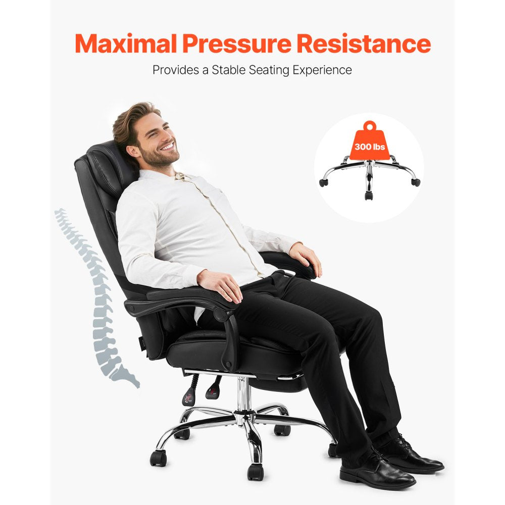 VEVOR Executive Office Chair with Footrest, 300lb Capacity Office Chair with Lumbar Pillow, Height Adjustable Ergonomic Chair, PU Leather Reclining Home Office Desk Chairs, Black