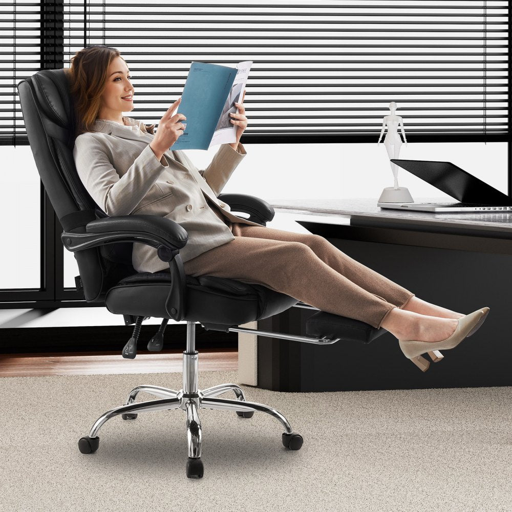 VEVOR Executive Office Chair with Footrest, 300lb Capacity Office Chair with Lumbar Pillow, Height Adjustable Ergonomic Chair, PU Leather Reclining Home Office Desk Chairs, Black