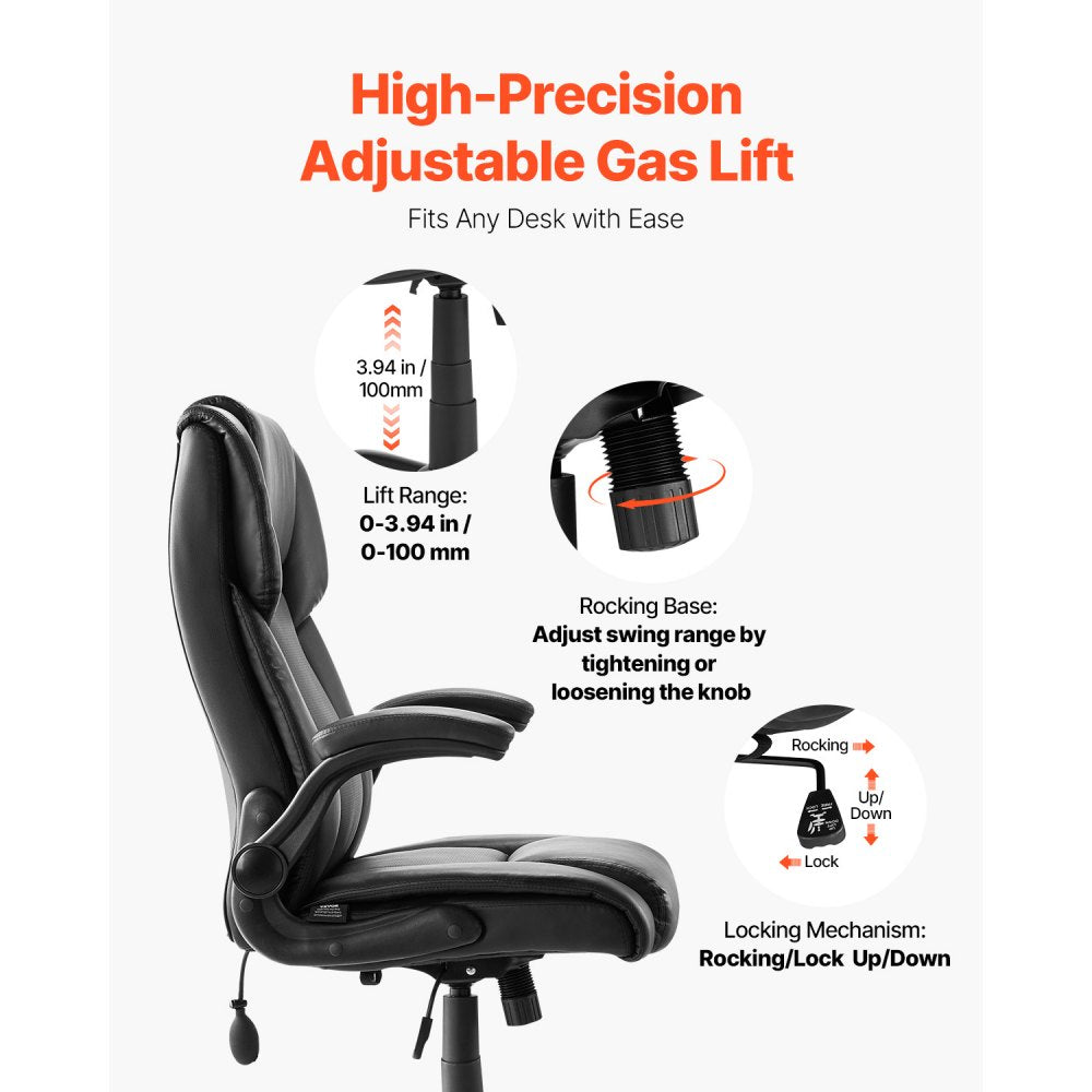 VEVOR Executive Office Chair with Lumbar Support, 300lb Capacity Office Chair with Flip-up Armrests & Lumbar Pillow, Height Adjustable Ergonomic Chair, PU Leather Reclining Home Office Desk Chairs