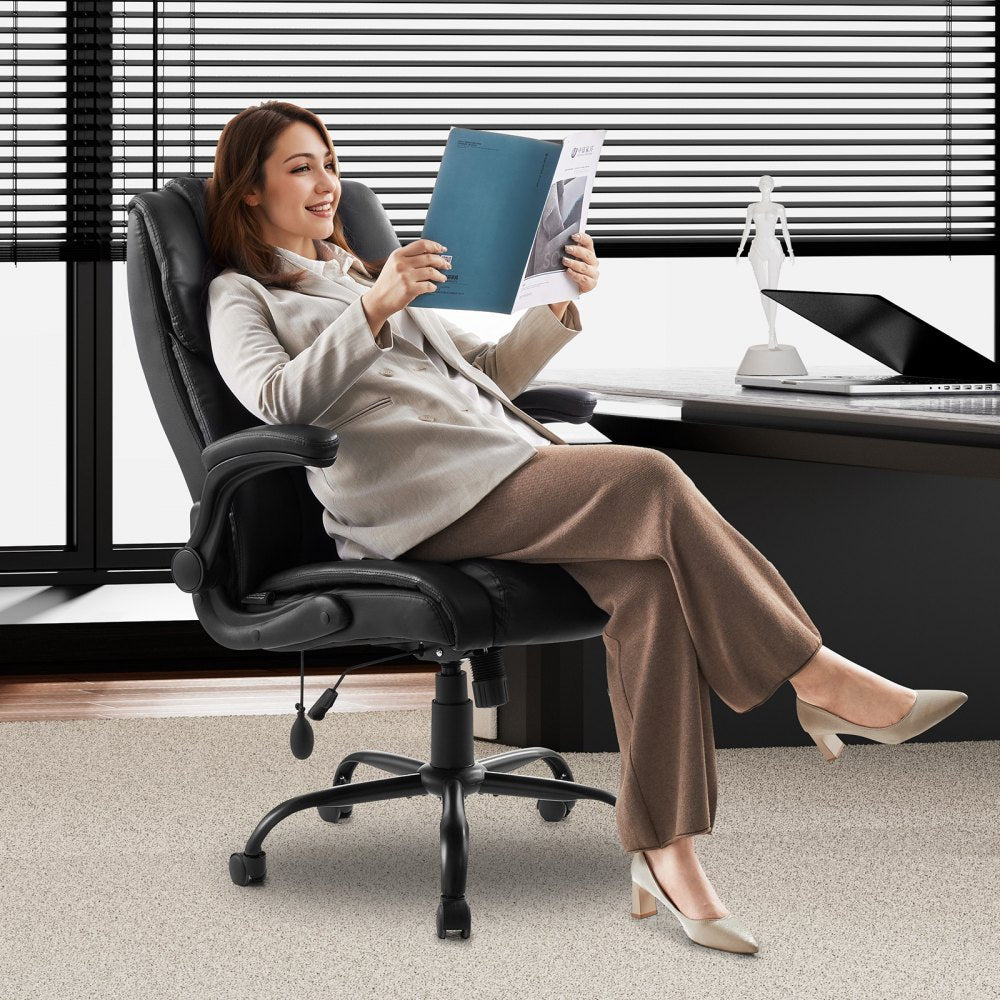 VEVOR Executive Office Chair with Lumbar Support, 300lb Capacity Office Chair with Flip-up Armrests & Lumbar Pillow, Height Adjustable Ergonomic Chair, PU Leather Reclining Home Office Desk Chairs