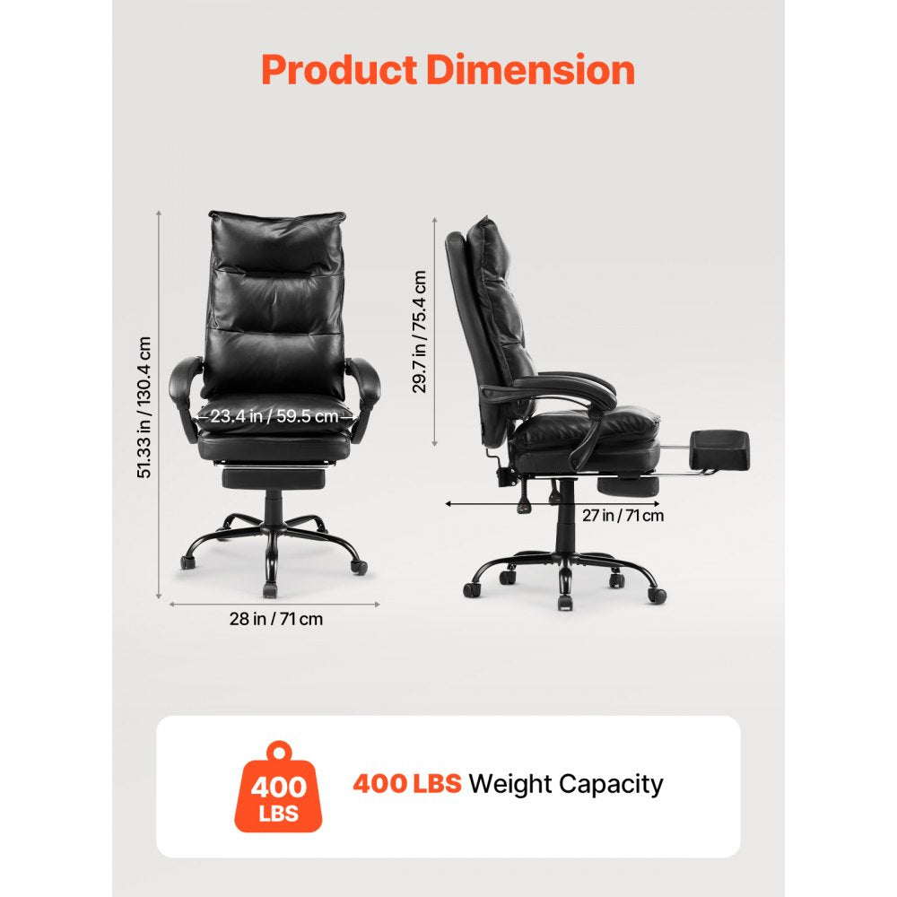 VEVOR Executive Office Chair with Footrest, 400lb Capacity Office Chair with Lumbar Pillow, Heavy Duty Ergonomic Chair, Height Adjustable PU Leather Reclining Home Office Desk Chairs