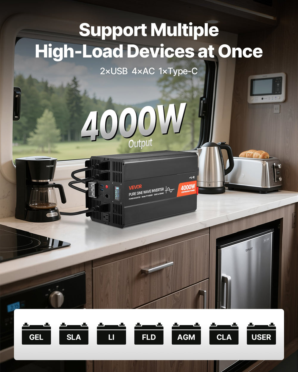 VEVOR 4000W power inverter lifestyle image in RV kitchen powering appliances