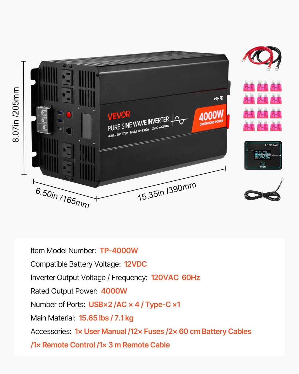 Dimensions and accessories layout image for VEVOR TP-4000W 4000W inverter