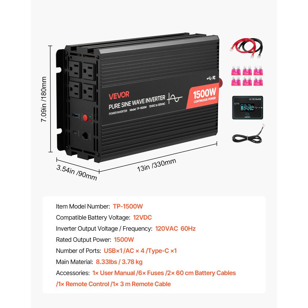 VEVOR 1500W Power Inverter, 12V DC to 120V AC Pure Sine Wave Inverter, Car Charger Converter with Remote Control, USB & Type-C Ports, 4 AC Outlets, Fast-charging for RV, Truck Outdoor Camping