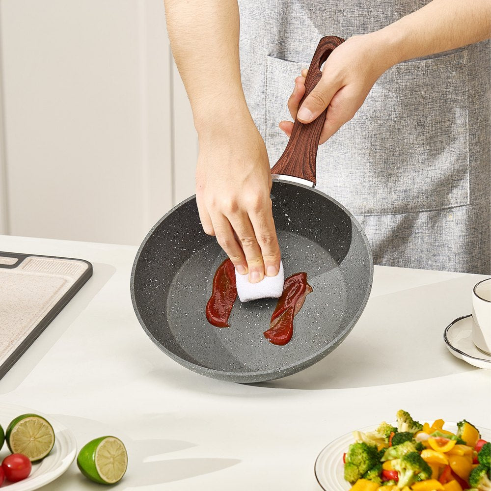 VEVOR Frying Pan Skillet, Aluminum Egg Fry Pans, 3 Piece Set (9.5, 11, 12 in), Nonsitck Heavy-Duty Skillets with Heat-Resistant Handle, Chef's Kitchen Cookware, for Gas, Electric, Induction, Grey