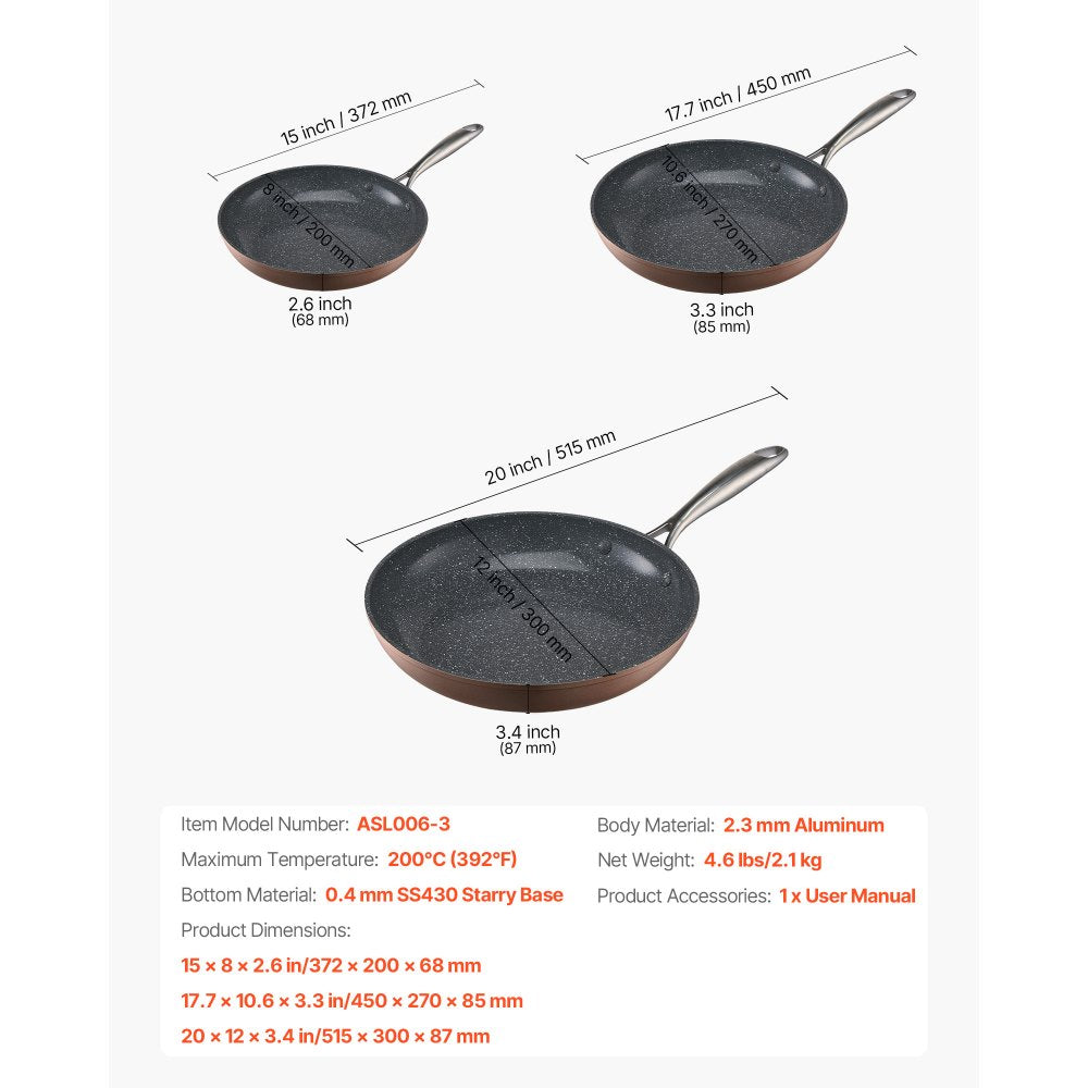 VEVOR Frying Pan Skillet, Aluminum Egg Fry Pans, 3 Piece (8, 10, 12 in), Nonsitck Ceramic Heavy-Duty Skillets with Heat-Resistant Handle, Chef's Cookware, for Oven, Gas, Electric, Induction, Grey