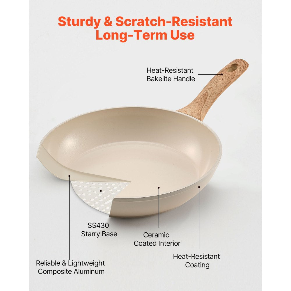 VEVOR Frying Pan Skillet, Aluminum Egg Fry Pans, 3 Piece (8, 9.5, 11 in), Nonsitck Ceramic Heavy-Duty Skillets with Heat-Resistant Handle, Chef's Kitchen Cookware for Gas, Electric, Induction, Beige