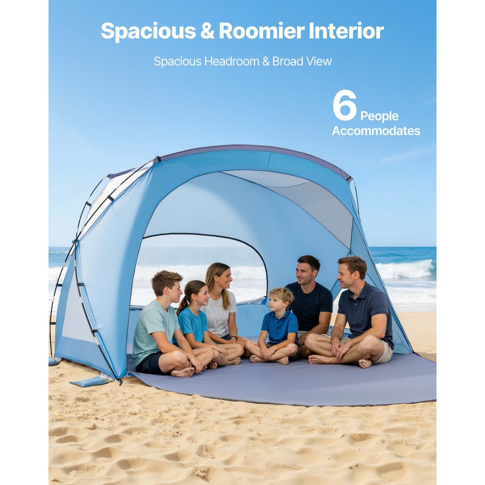VEVOR Beach Tent Sun Shelter for 6 Person, UPF 50+ Protection, Portable Sun Shade Canopy with Carrying Bag & Sand Pockets, Lightweight and Easy Setup Beach Umbrella for Family Camping Outdoor Picnic