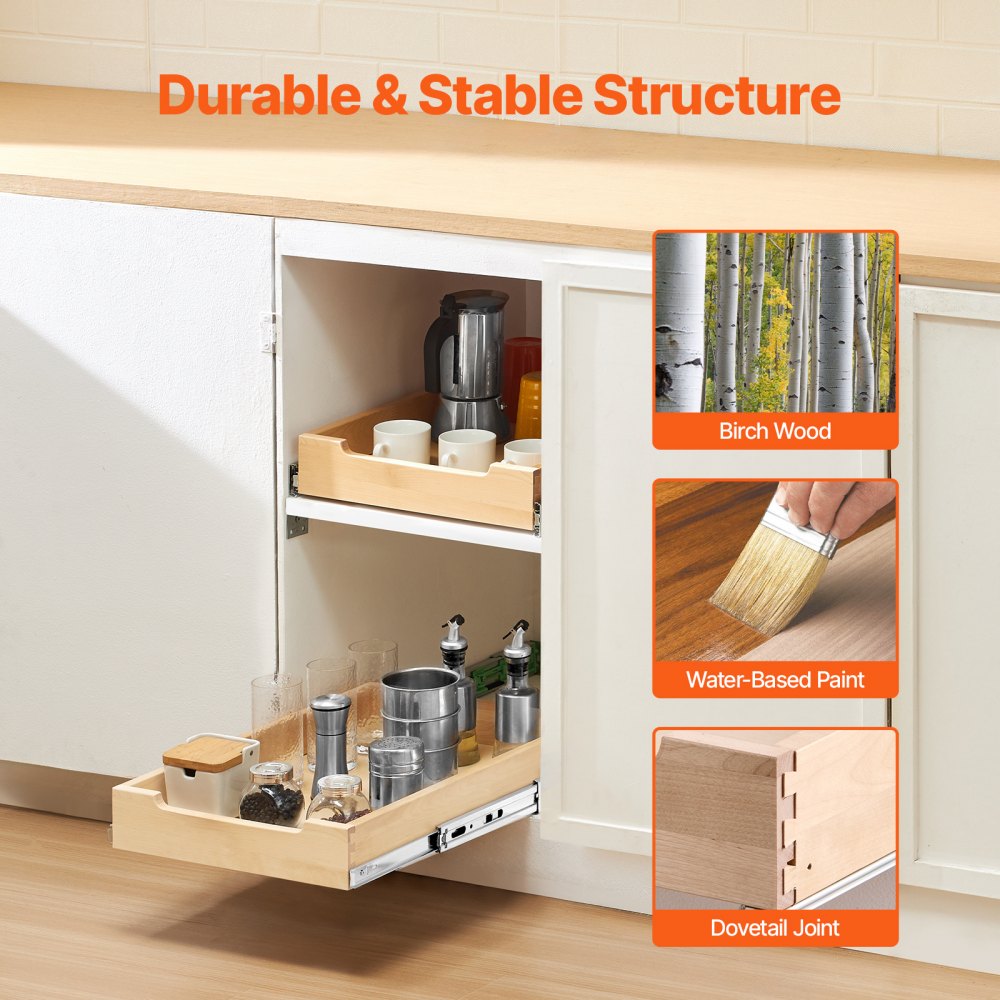 VEVOR Pull Out Cabinet Organizer, 14"W x 21"D Cabinet Drawer, Soft Close Slide out Shelf, Heavy-Duty Sliding Wood Drawer, Bottom and Side Assembly Base Cabinet Organization for Kitchen Pantry Bathroom