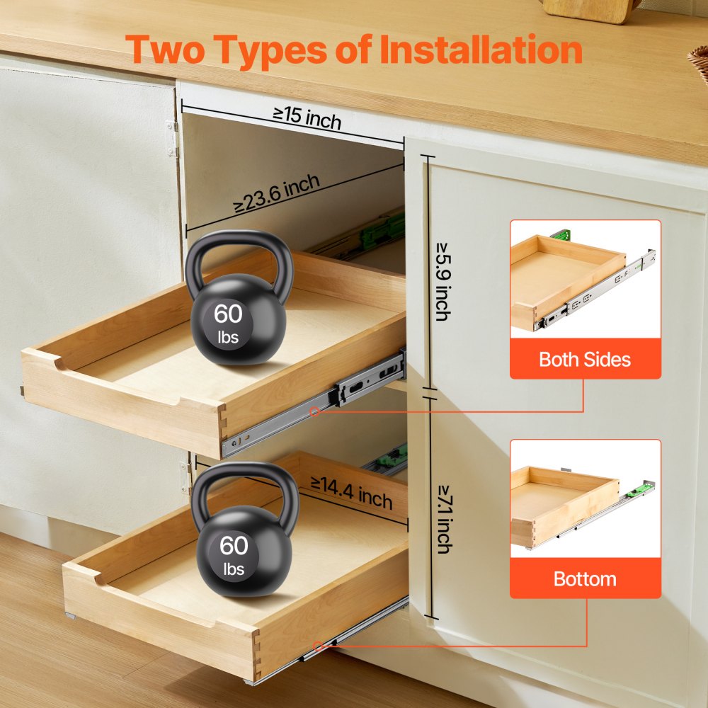 VEVOR Pull Out Cabinet Organizer, 14"W x 21"D Cabinet Drawer, Soft Close Slide out Shelf, Heavy-Duty Sliding Wood Drawer, Bottom and Side Assembly Base Cabinet Organization for Kitchen Pantry Bathroom