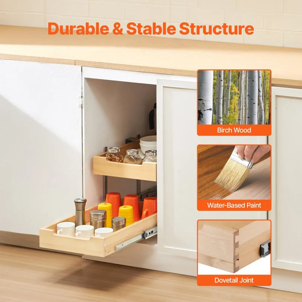 VEVOR 2 Tier Pull Out Cabinet Organizer, 14"W x 21"D Cabinet Drawer, Soft Close Slide out Shelf, Heavy-Duty Sliding Wood Drawer, Adjustable Base Cabinet Organization for Kitchen Pantry Bathroom