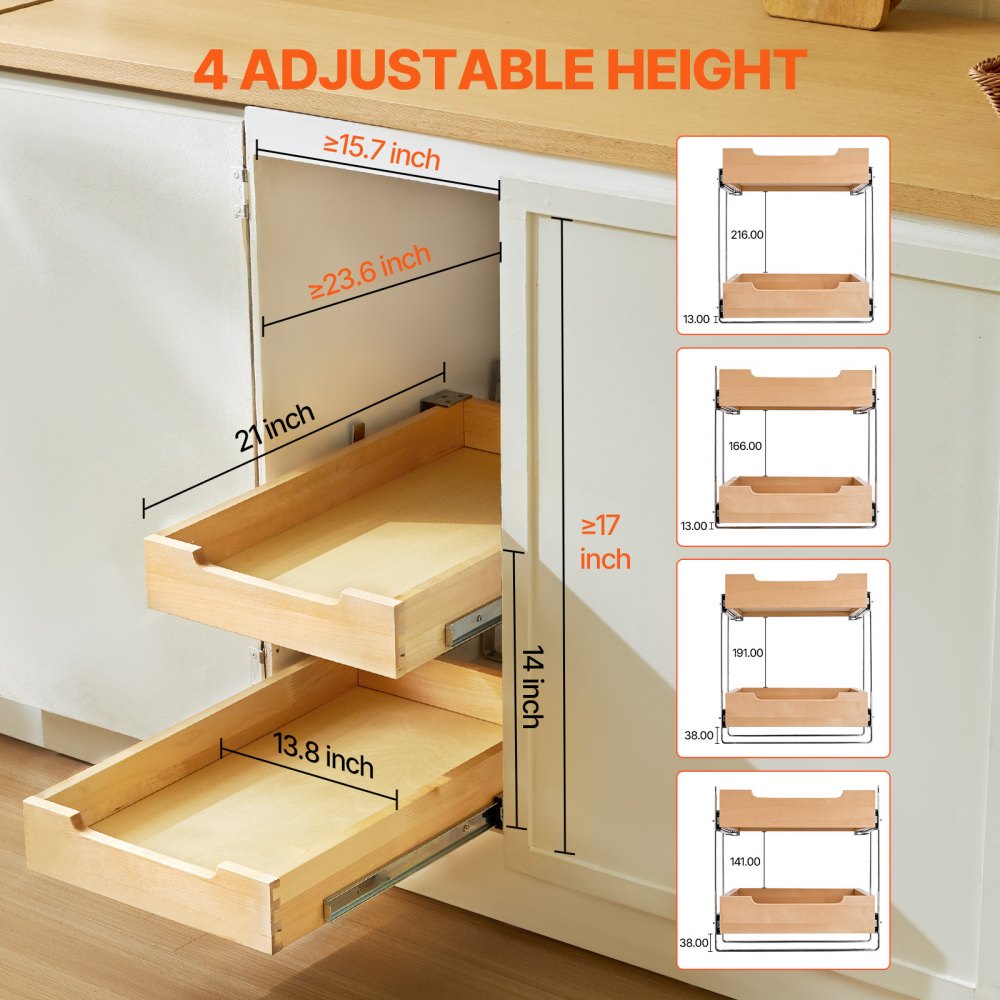 VEVOR 2 Tier Pull Out Cabinet Organizer, 14"W x 21"D Cabinet Drawer, Soft Close Slide out Shelf, Heavy-Duty Sliding Wood Drawer, Adjustable Base Cabinet Organization for Kitchen Pantry Bathroom