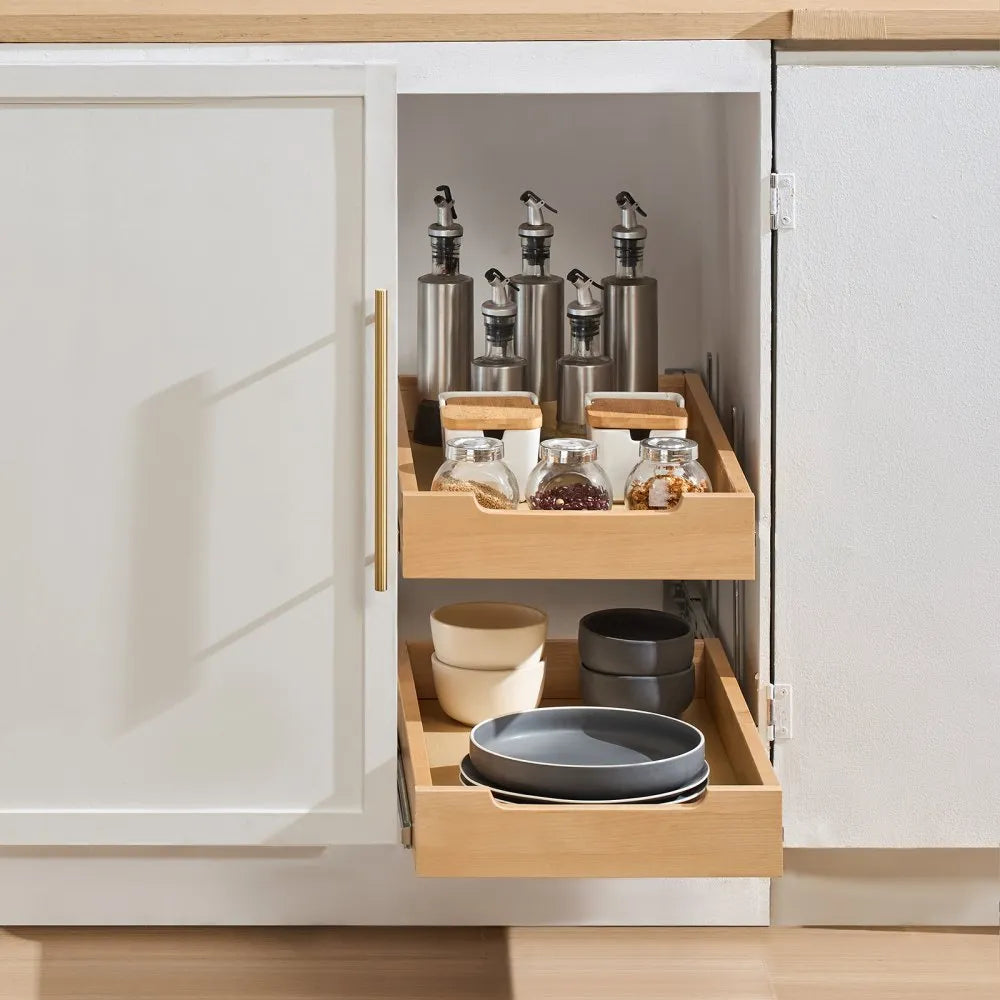 VEVOR 2 Tier Pull Out Cabinet Organizer, 14"W x 21"D Cabinet Drawer, Soft Close Slide out Shelf, Heavy-Duty Sliding Wood Drawer, Adjustable Base Cabinet Organization for Kitchen Pantry Bathroom