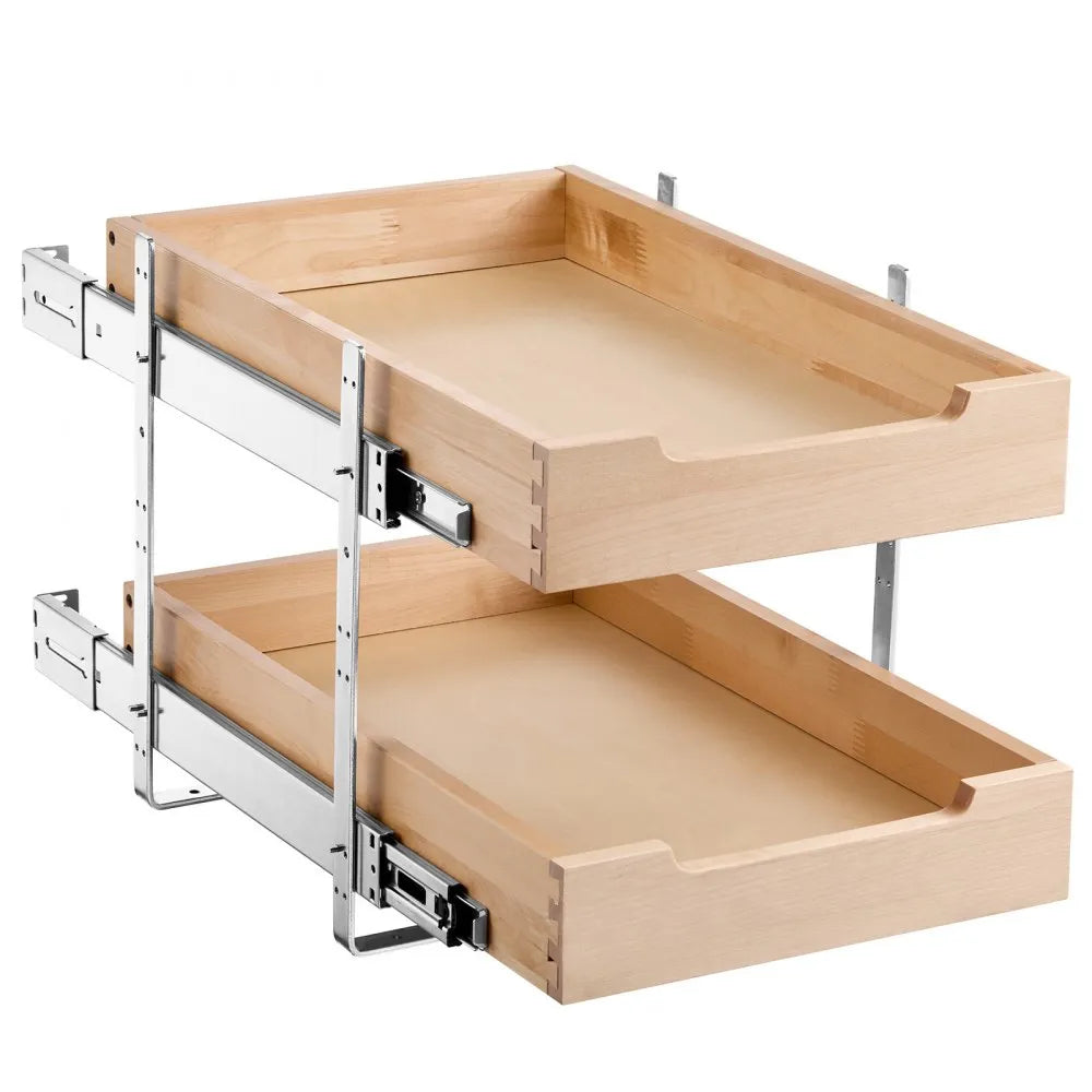 VEVOR 2 Tier Pull Out Cabinet Organizer, 14"W x 21"D Cabinet Drawer, Soft Close Slide out Shelf, Heavy-Duty Sliding Wood Drawer, Adjustable Base Cabinet Organization for Kitchen Pantry Bathroom