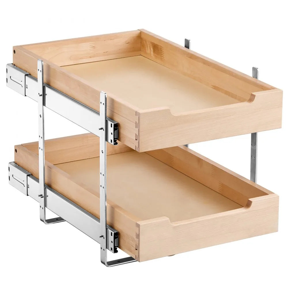 VEVOR 2 Tier Pull Out Cabinet Organizer, 14"W x 21"D Cabinet Drawer, Soft Close Slide out Shelf, Heavy-Duty Sliding Wood Drawer, Adjustable Base Cabinet Organization for Kitchen Pantry Bathroom