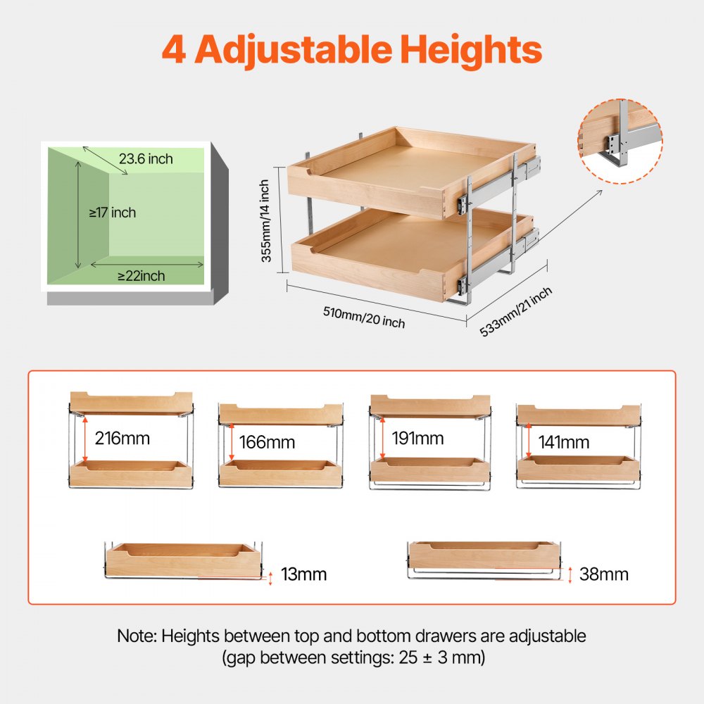 VEVOR 2 Tier Pull Out Cabinet Organizer, 20"W x 21"D Cabinet Drawer, Soft Close Slide out Shelf, Heavy-Duty Sliding Wood Drawer, Adjustable Base Cabinet Organization for Kitchen Pantry Bathroom