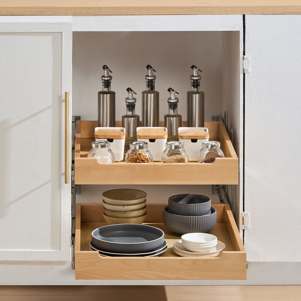 VEVOR 2 Tier Pull Out Cabinet Organizer, 20"W x 21"D Cabinet Drawer, Soft Close Slide out Shelf, Heavy-Duty Sliding Wood Drawer, Adjustable Base Cabinet Organization for Kitchen Pantry Bathroom