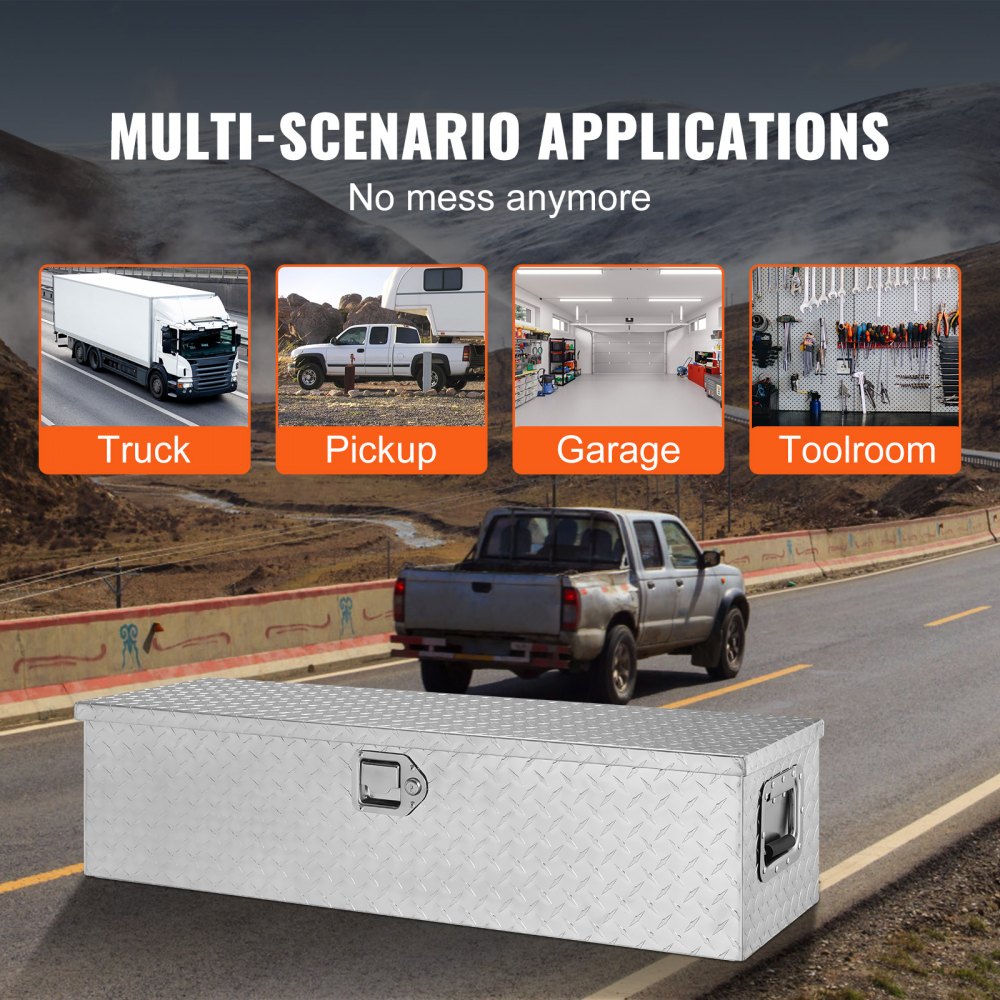 VEVOR Heavy Duty Aluminum Truck Bed Tool Box, Diamond Plate Tool Box with Side Handle and Lock Keys, Storage Tool Box Chest Box Organizer for Pickup, Truck Bed, RV, Trailer, 39"x13"x10", Silver