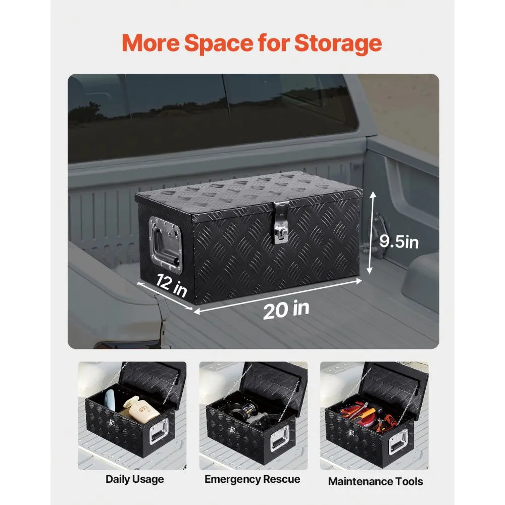 VEVOR Heavy Duty Aluminum Truck Bed Tool Box, Stripes Plated Tool Box with Side Handle and Lock Keys, Storage Toolbox Chest Organizer for Trailer, Pickup, Truck Bed, RV, 20"x12"x9.5", Black