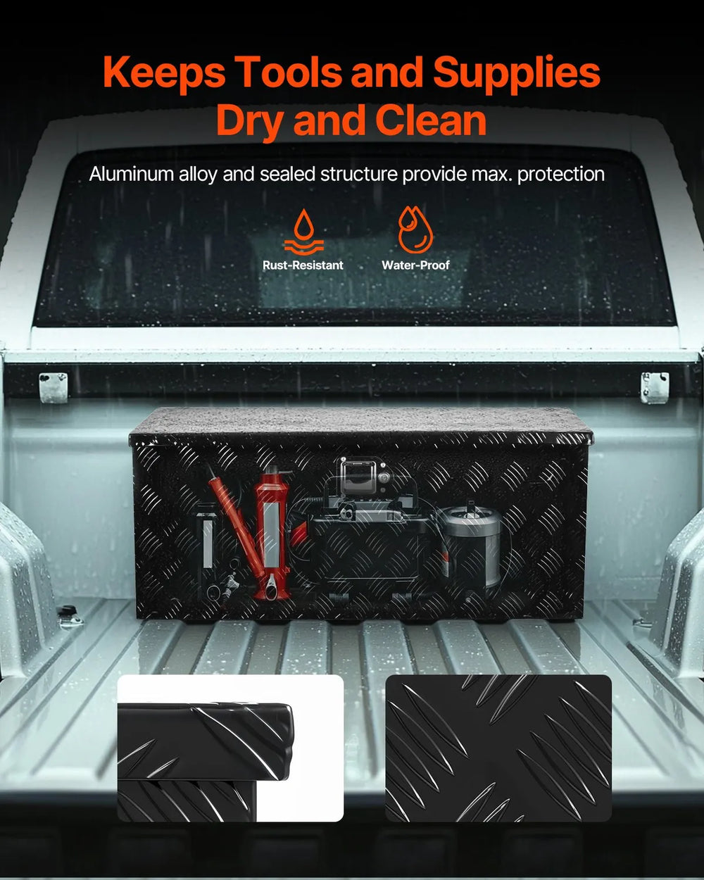 VEVOR Heavy Duty Aluminum Truck Bed Tool Box, Stripes Plated Tool Box with Sliding Shelf, Side Handle, Lock & Keys, Storage Toolbox Chest for Trailer, Pickup, Truck Bed, RV, 35.4"x14.6"x14.6", Black