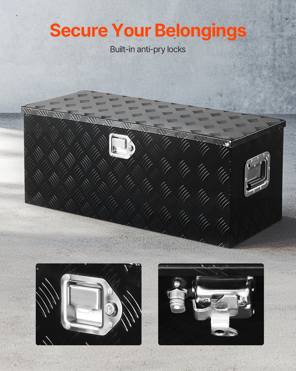 VEVOR Heavy Duty Aluminum Truck Bed Tool Box, Stripes Plated Tool Box with Sliding Shelf, Side Handle, Lock & Keys, Storage Toolbox Chest for Trailer, Pickup, Truck Bed, RV, 35.4"x14.6"x14.6", Black