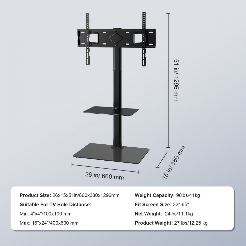 VEVOR TV Stand Mount, Swivel Tall TV Stand for 32 to 65 inch TVs, Height Adjustable Portable Floor TV Stand with Tempered Glass Base for Bedroom, Living Room