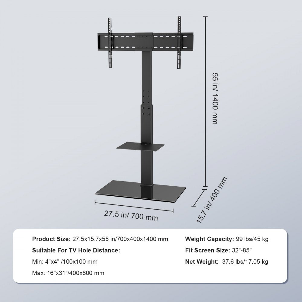 VEVOR TV Stand Mount, Swivel Tall TV Stand for 32 to 85 inch TVs, Height Adjustable Portable Floor TV Stand with Tempered Glass Base for Bedroom, Living Room