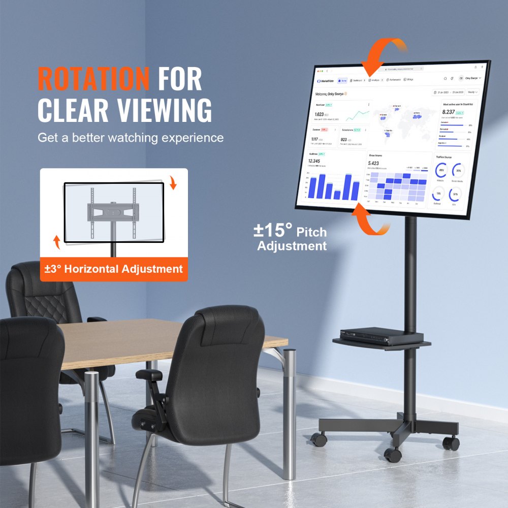 VEVOR Mobile TV Stand, Mobile TV Cart for 23 to 60 inch TVs, Height Adjustable Portable TV Stand with Wheels, with A Tray for Audio-Visual Devices, Rolling TV Stand with Mount for Bedroom, Living Room