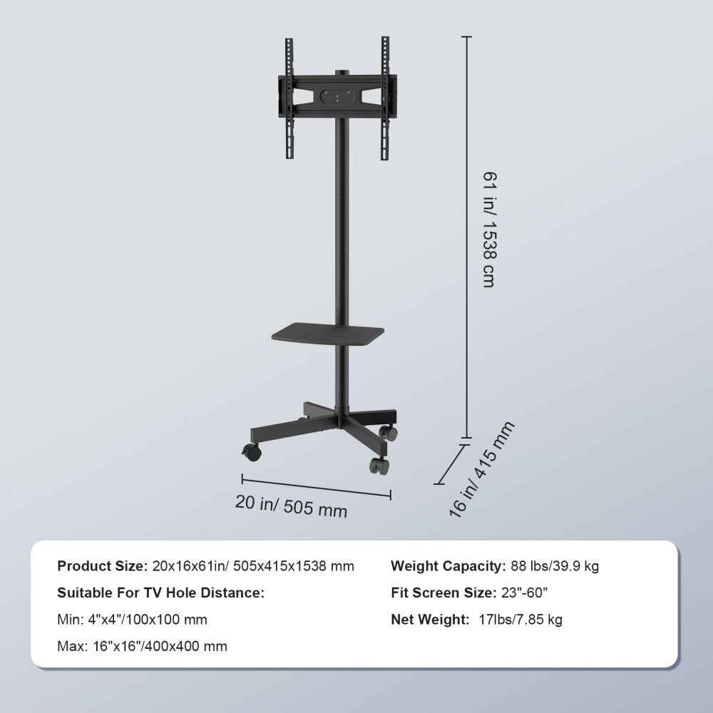 VEVOR Mobile TV Stand, Mobile TV Cart for 23 to 60 inch TVs, Height Adjustable Portable TV Stand with Wheels, with A Tray for Audio-Visual Devices, Rolling TV Stand with Mount for Bedroom, Living Room