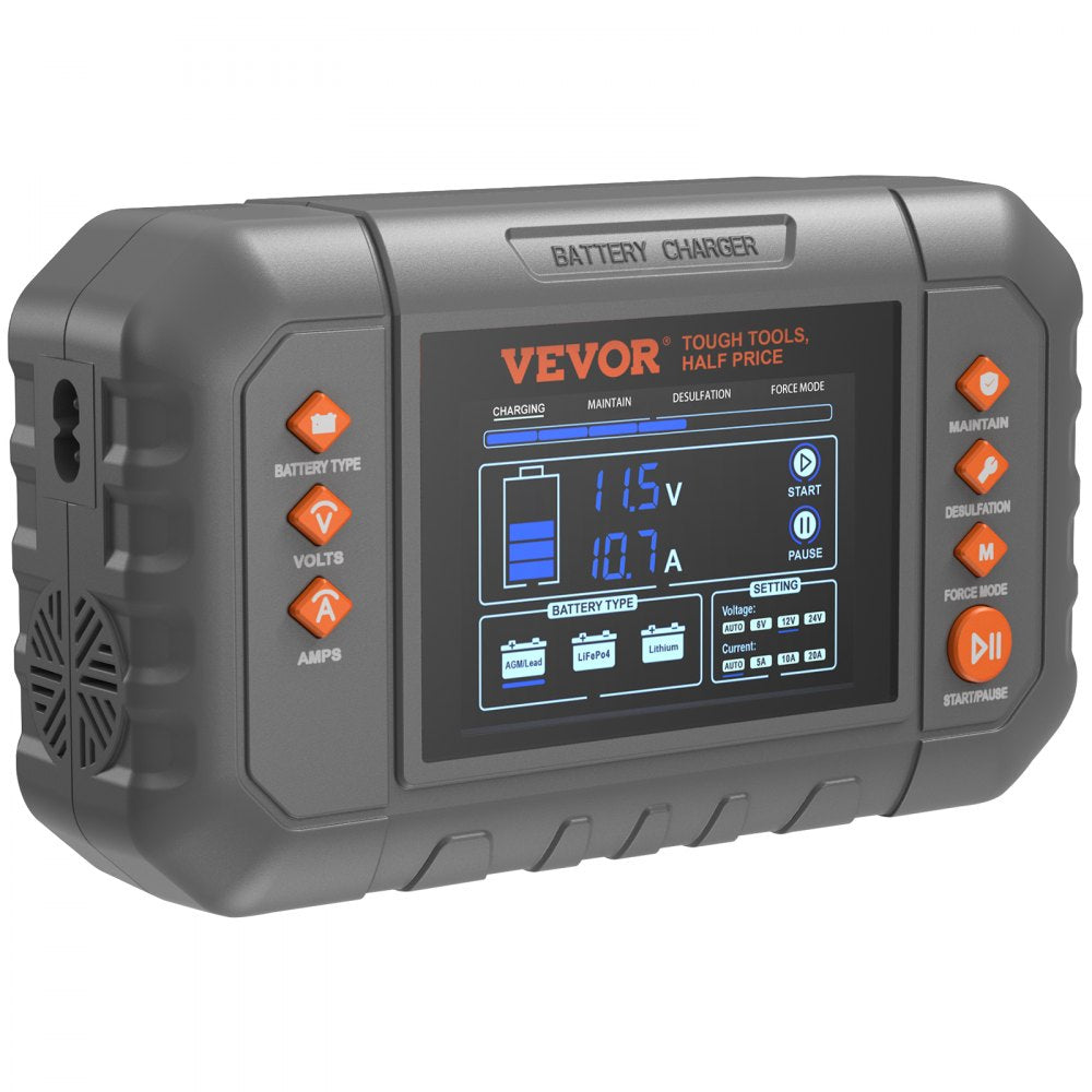 VEVOR Smart Battery Charger, 20-Amp, Lithium LiFePO4 Lead-Acid (AGM / Gel / SLA) Car Battery Charger with LCD Display, Trickle Charger Maintainer Desulfator for Boat Motorcycle Lawn Mower Deep Cycle
