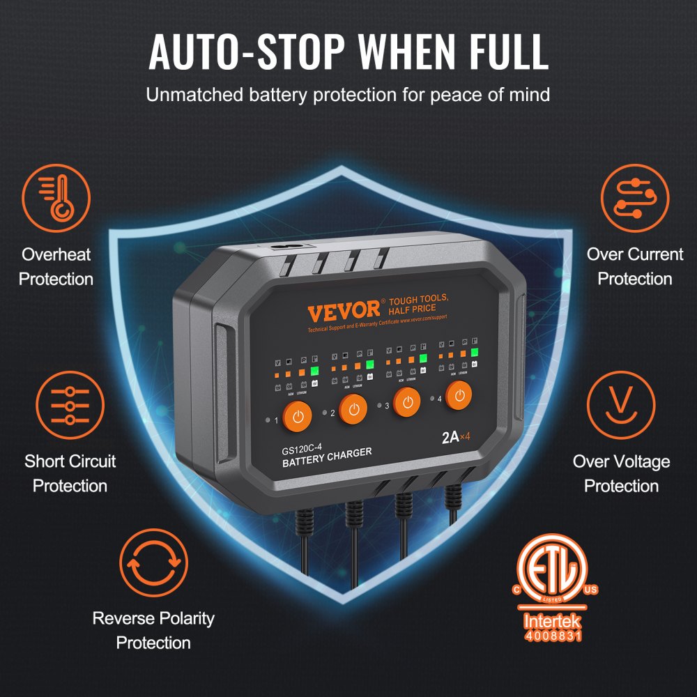 VEVOR Smart Battery Charger, 8-Amp, LiFePO4 Lead-Acid (AGM / Gel / SLA) Car Battery Charger, Fully-Automatic Charger Maintainer for Boat Motorcycle Lawn Mower Golf Cart Marine Deep Cycle