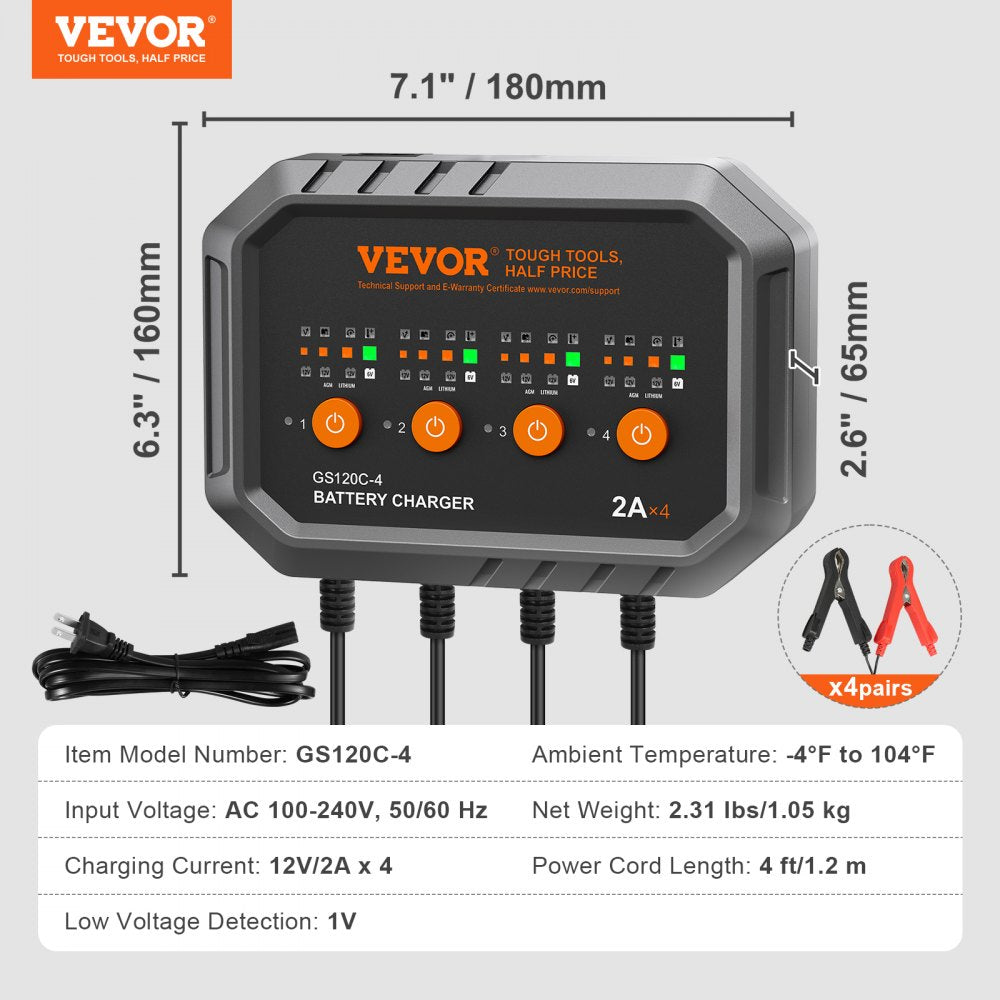 VEVOR Smart Battery Charger, 8-Amp, LiFePO4 Lead-Acid (AGM / Gel / SLA) Car Battery Charger, Fully-Automatic Charger Maintainer for Boat Motorcycle Lawn Mower Golf Cart Marine Deep Cycle