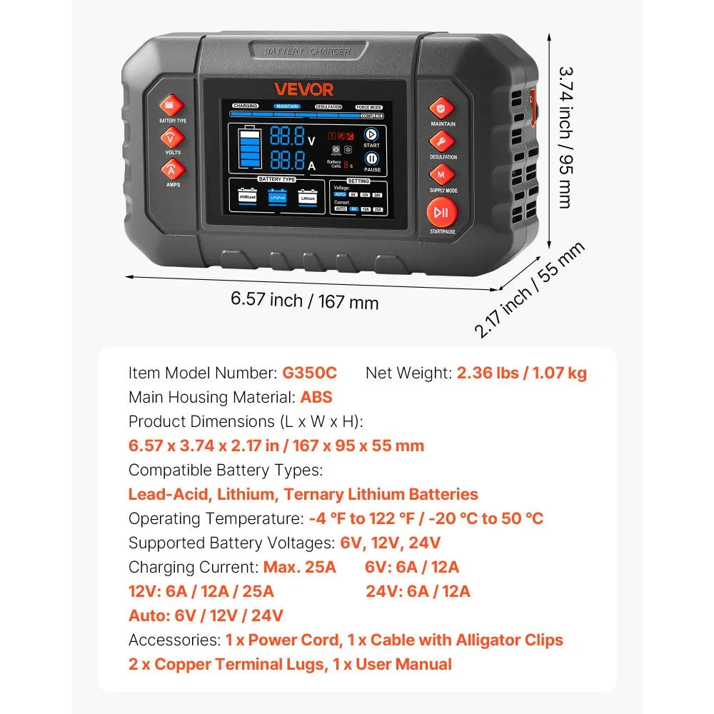 VEVOR Smart Battery Charger, 25A, 6V 12V 24V Ternary Lithium LiFePO4 Lead-Acid (Gel/AGM) Battery Charger, with 3.4-Inch LCD Display, Trickle Charging Maintainer Desulfator, for Car, Boat, Motorcycle