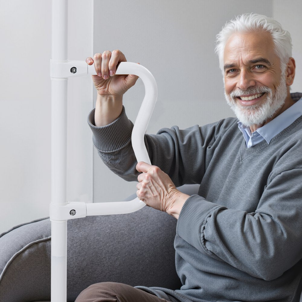 VEVOR Floor-to-Ceiling Transfer Pole, Tension Mounted Bathroom Grab Bar with Anti-Slip Curve Handle, 300 Lbs Capacity Security Pole for Elderly, Ideal Senior Safety Pole for 7-10 Ft Ceilings, White