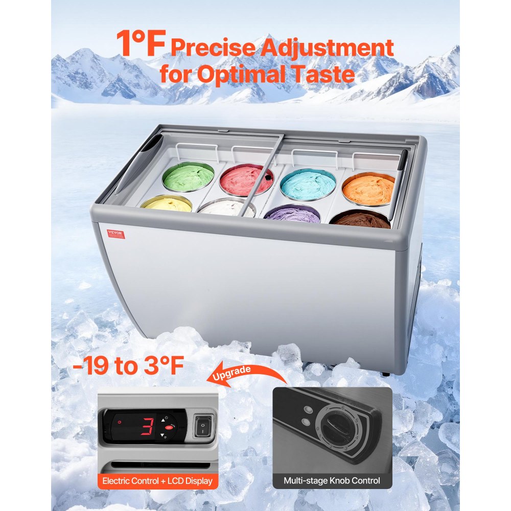VEVOR Commercial Ice Cream Display Case, 13.1 Cu.ft Chest Freezer, Restaurant Gelato Dipping Cabinet Top Deep Freezer with Locking Casters, Sliding Glass Door, LED Lighting, Hold 8 Ice Cream Tubs