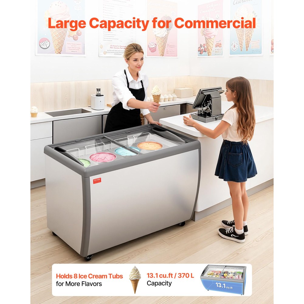 VEVOR Commercial Ice Cream Display Case, 13.1 Cu.ft Chest Freezer, Restaurant Gelato Dipping Cabinet Top Deep Freezer with Locking Casters, Sliding Glass Door, LED Lighting, Hold 8 Ice Cream Tubs