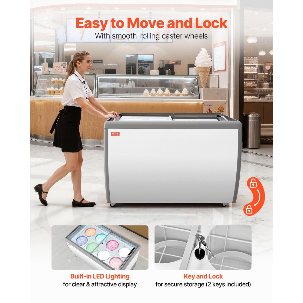 VEVOR Commercial Ice Cream Display Case, 13.1 Cu.ft Chest Freezer, Restaurant Gelato Dipping Cabinet Top Deep Freezer with Locking Casters, Sliding Glass Door, LED Lighting, Hold 8 Ice Cream Tubs