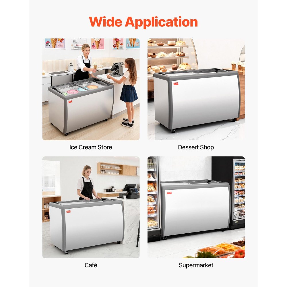 VEVOR Commercial Ice Cream Display Case, 13.1 Cu.ft Chest Freezer, Restaurant Gelato Dipping Cabinet Top Deep Freezer with Locking Casters, Sliding Glass Door, LED Lighting, Hold 8 Ice Cream Tubs