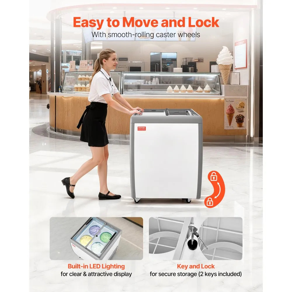VEVOR Commercial Ice Cream Display Case, 5.6 Cu.ft Chest Freezer, Restaurant Gelato Dipping Cabinet Top Deep Freezer with Locking Casters, Sliding Glass Door, LED Lighting, Hold 4 Ice Cream Tubs