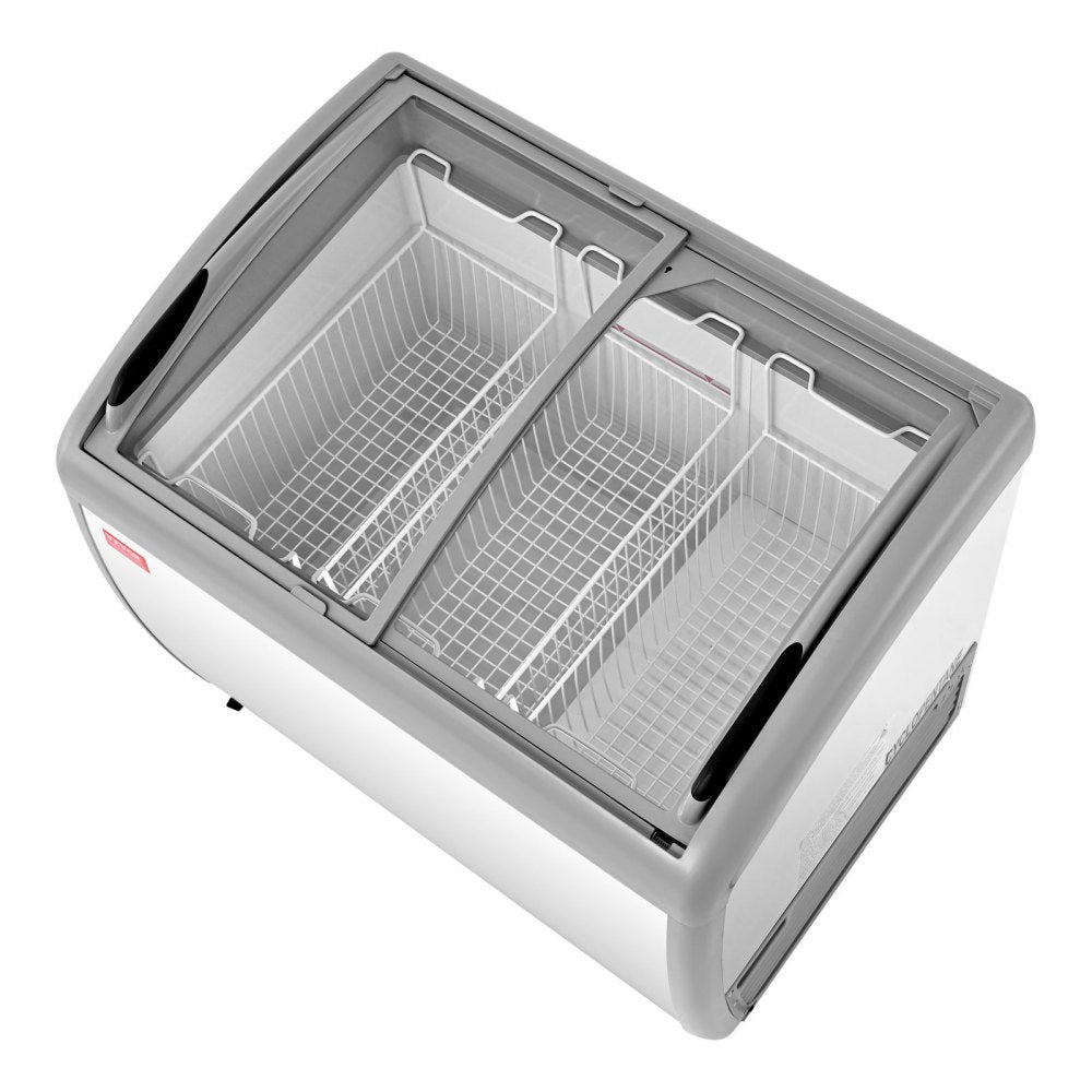 VEVOR Commercial Ice Cream Display Case, 9.3 Cu.ft Chest Freezer, -19 to 3℉ Temp Adjustable Mobile Top Deep Freezer with 3 Wire Baskets, 2 Sliding Glass Doors, Locking Casters & LED Strip Lighting